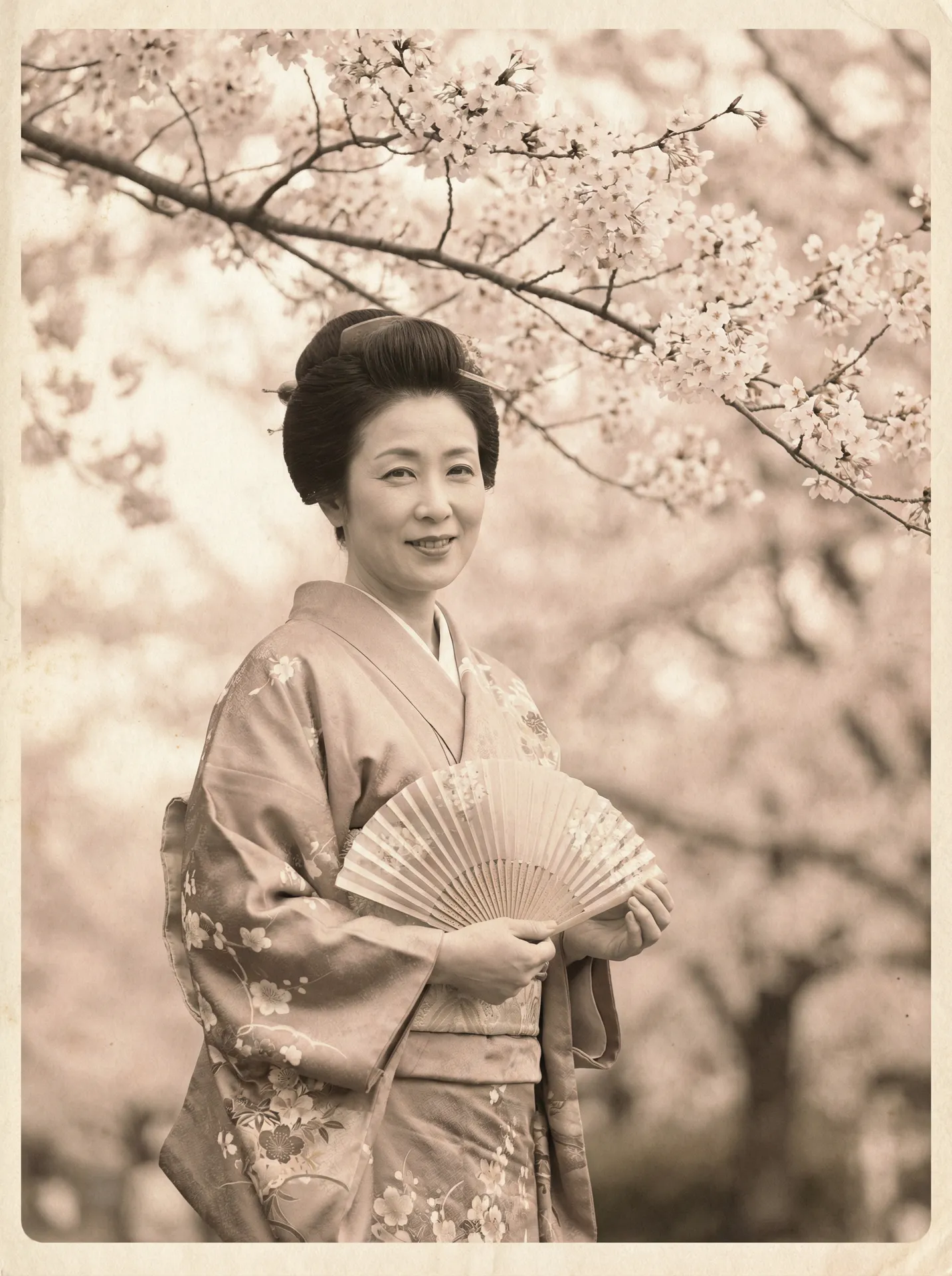 一位持扇的优雅 三浦惠理子 在樱花树下的复古写真